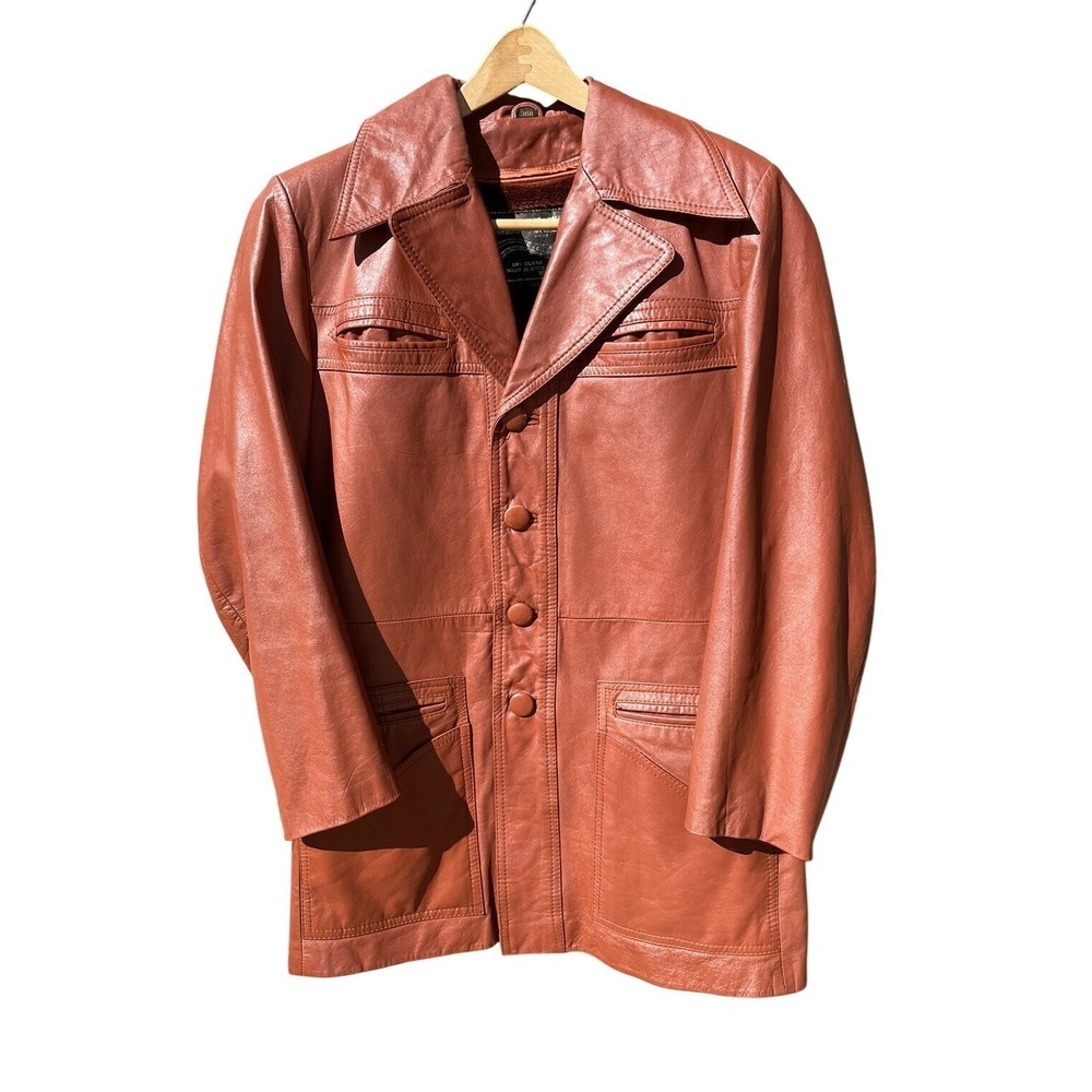 Montgomery Ward Vintage 70s Leather Car Coat Rust Brown Cowhide Mens 36R